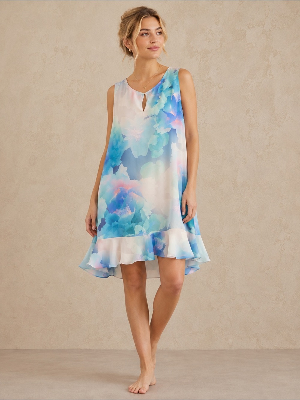 Badgley Mischka Blue and Pink Watercolor Floral Shift Dress